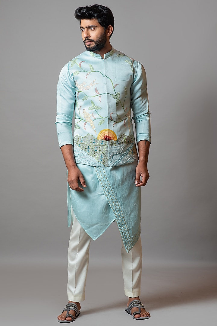 Tropical Breeze Bundi Jacket With Kurta Set by PAARSH