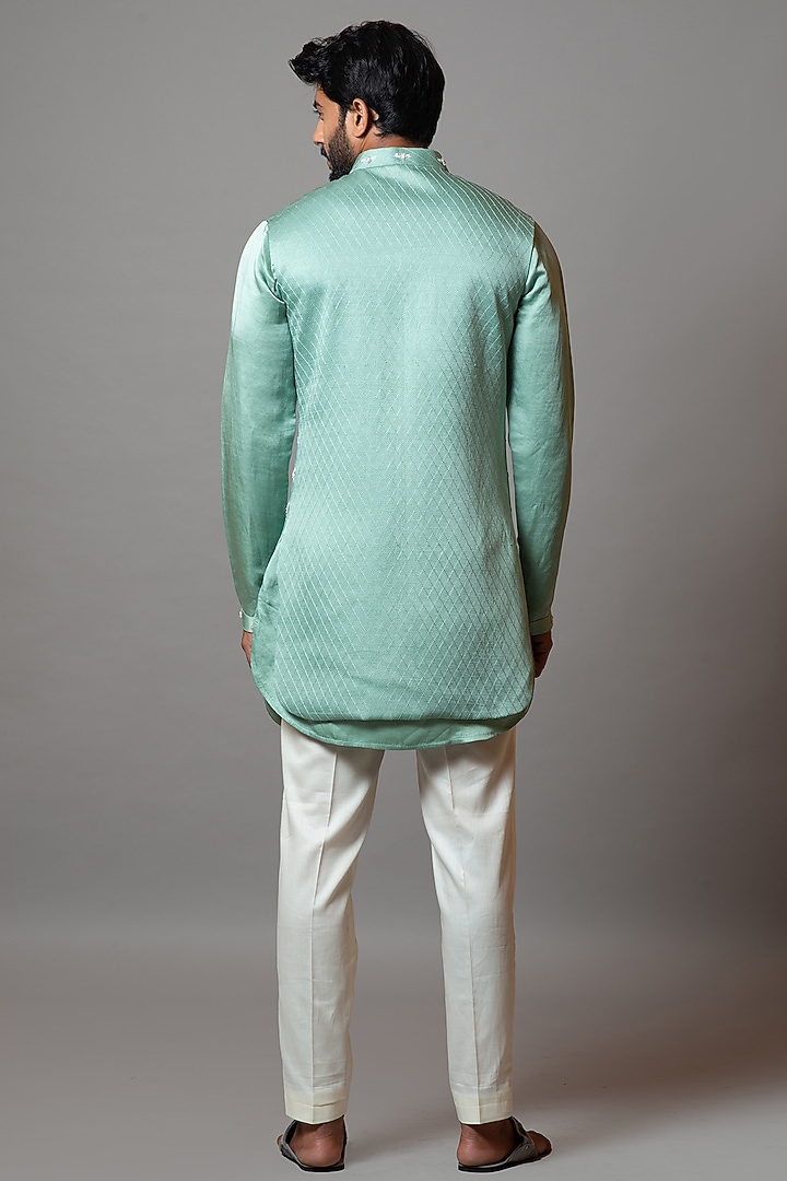 Sea Green Linen Satin Sequins Embroidered Bundi Jacket Set by PAARSH at Pernia's Pop Up Shop