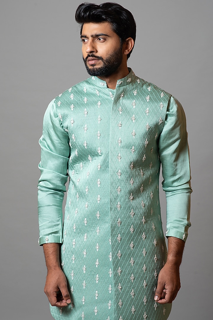 Sea Green Linen Satin Sequins Embroidered Bundi Jacket Set by PAARSH at Pernia's Pop Up Shop