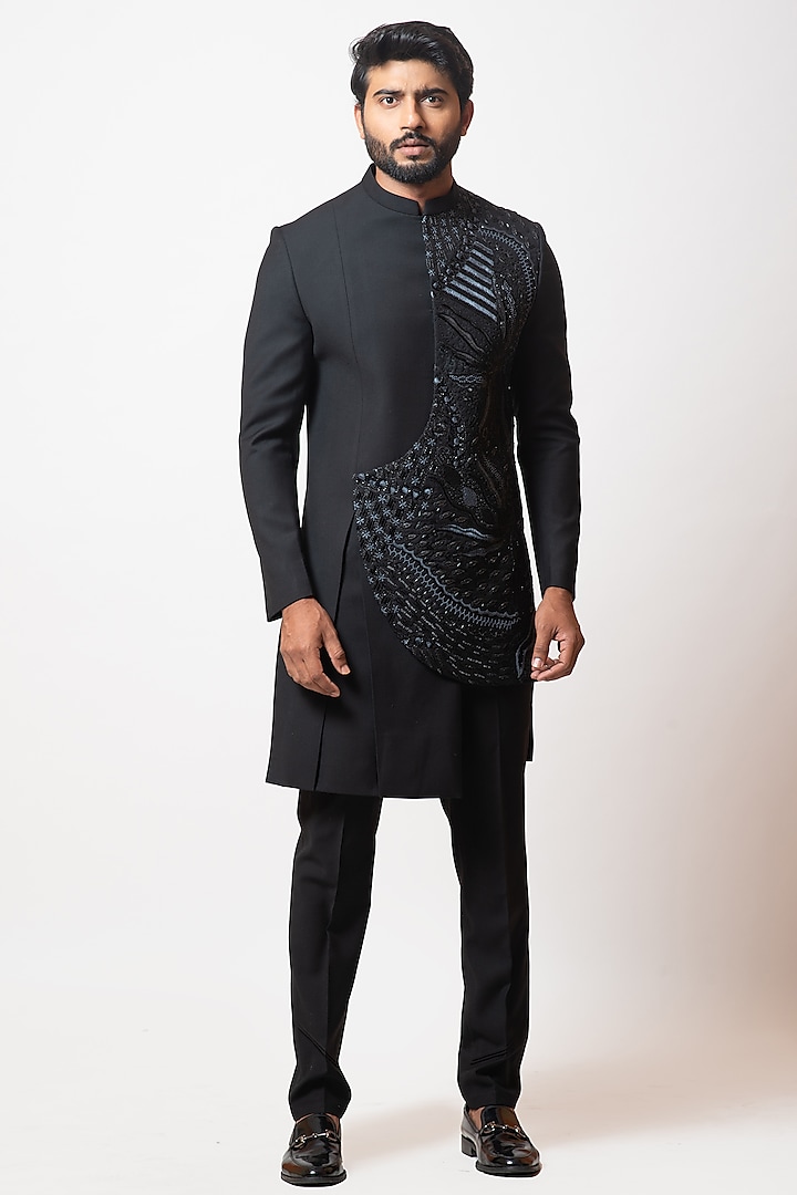 Metal Black Embroidered Indo-Western Jacket Set by PAARSH