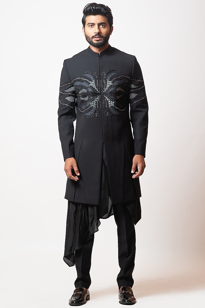 Onyx Black Embroidered Indo-Western Jacket Set by PAARSH