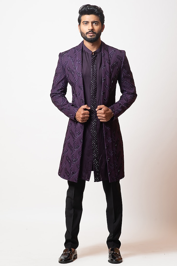 Eggplant Purple Embroidered Indo-Western Jacket Set by PAARSH