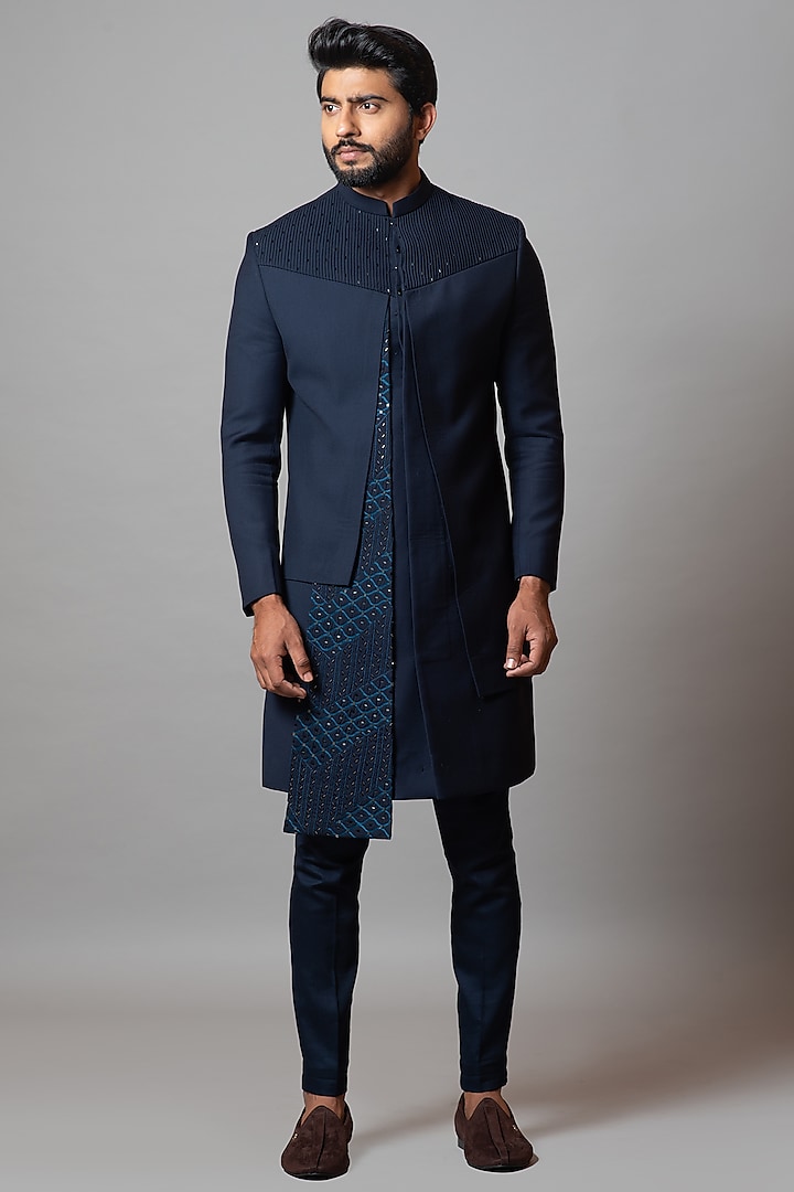 Denim Blue Embroidered Indo-Western Jacket Set by PAARSH