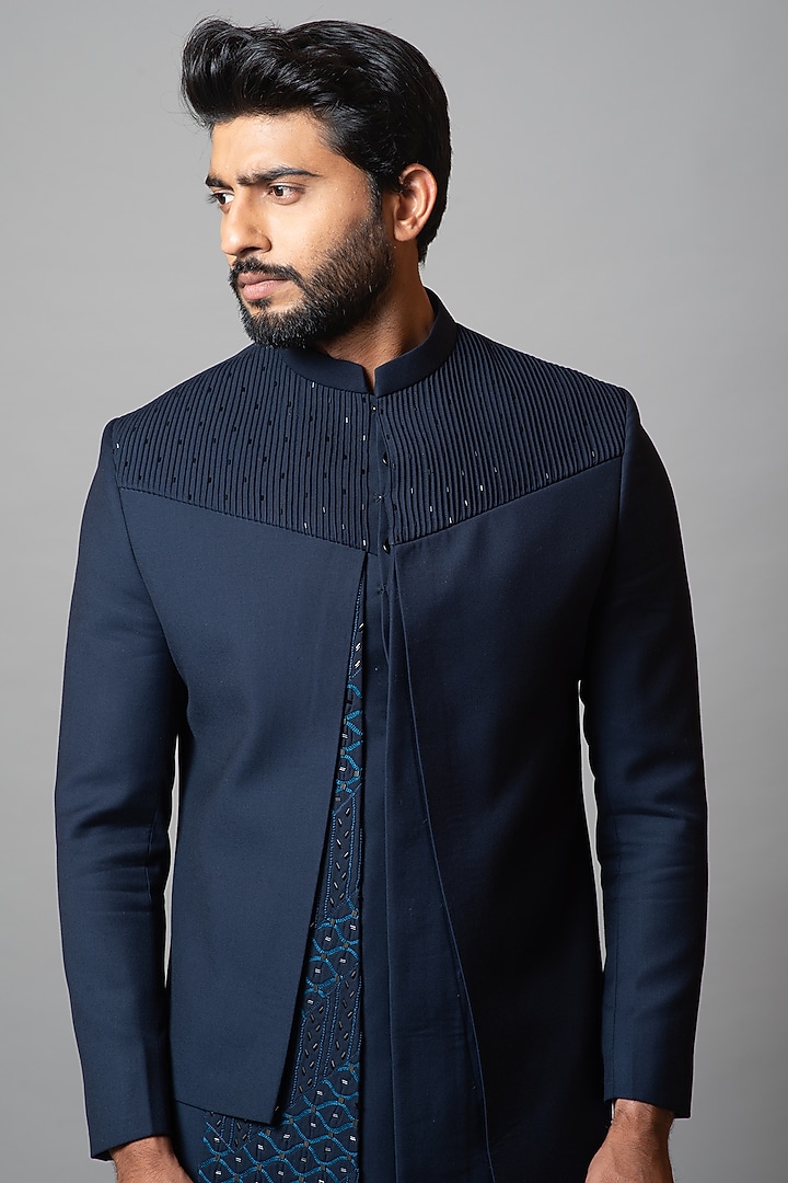 Denim Blue Embroidered Indo-Western Jacket Set by PAARSH at Pernia's Pop Up Shop