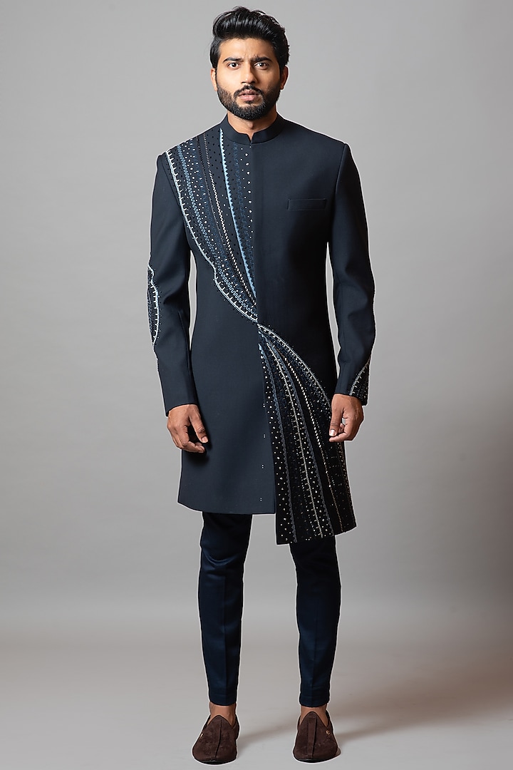 Midnight Navy Embroidered Indo-Western Jacket Set by PAARSH