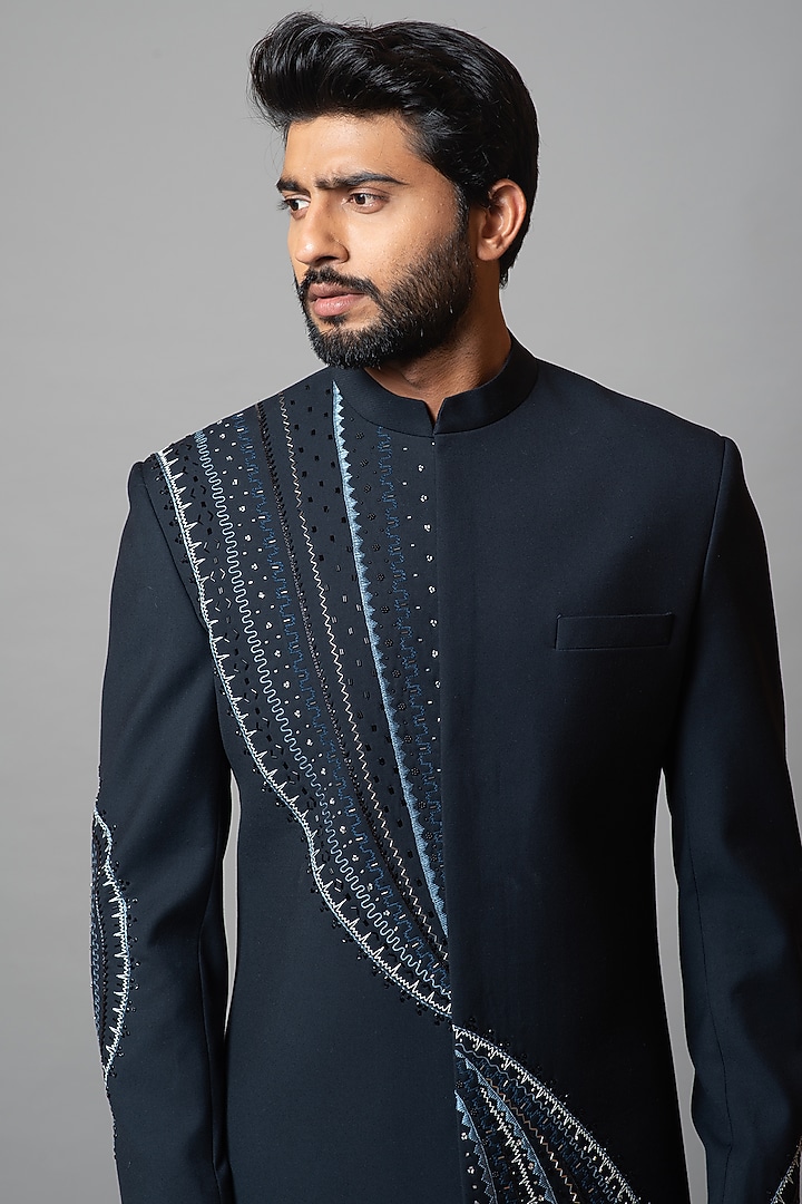 Midnight Navy Embroidered Indo-Western Jacket Set by PAARSH at Pernia's Pop Up Shop