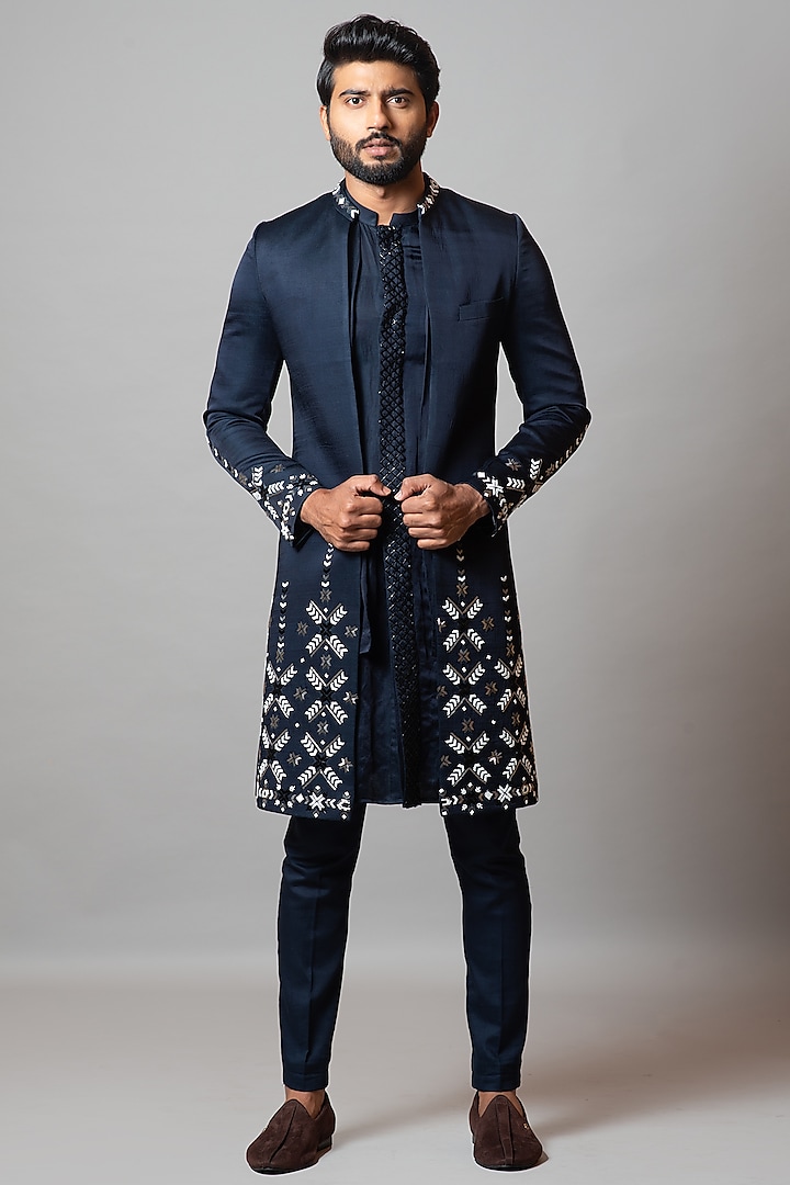 Blue Depths Embroidered Indo-Western Jacket Set by PAARSH