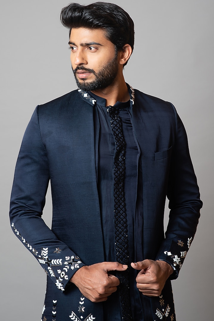 Blue Depths Embroidered Indo-Western Jacket Set by PAARSH at Pernia's Pop Up Shop