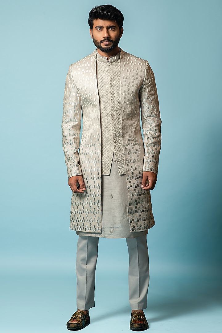 Shrinking Grey Embroidered Indo-Western Set by PAARSH