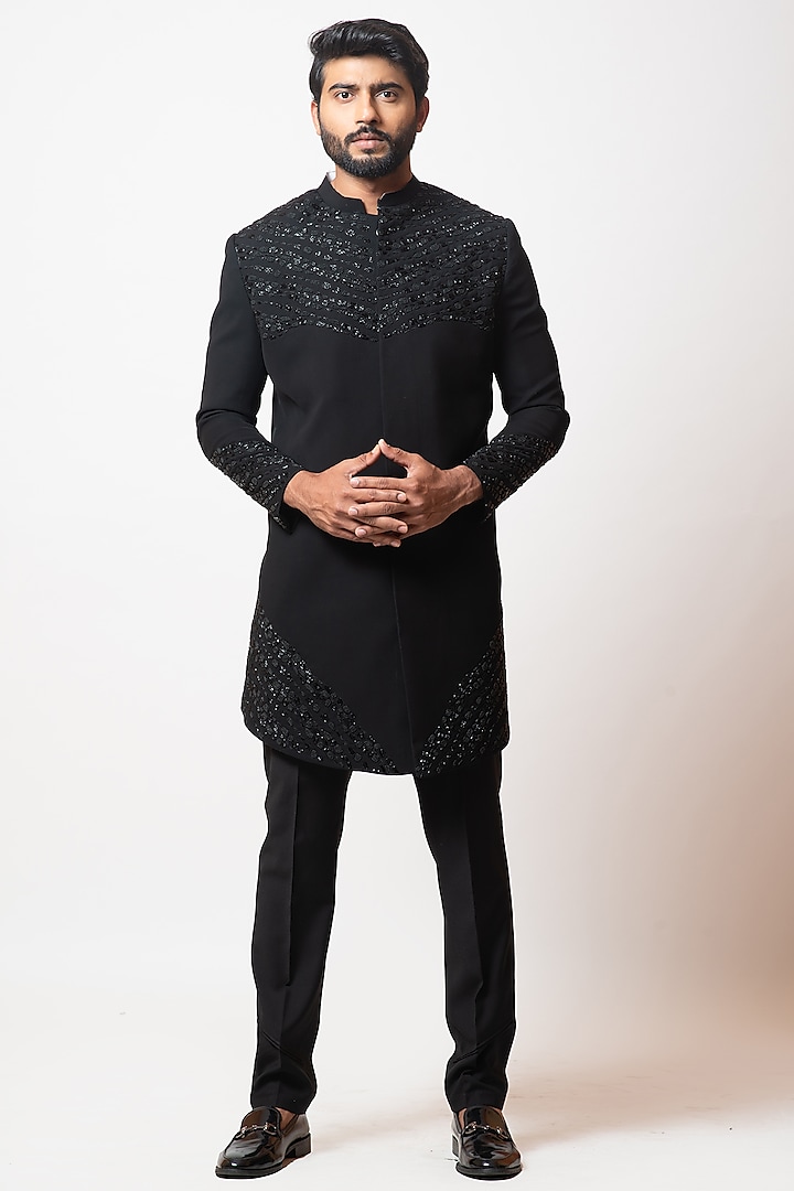 Onyx Black Embroidered Indowestern Set by PAARSH