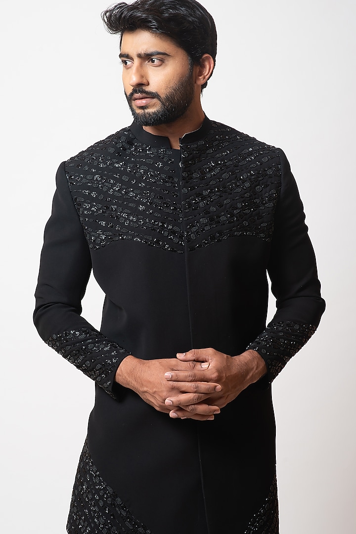 Onyx Black Embroidered Wedding Indowestern Set by PAARSH at Pernia's Pop Up Shop
