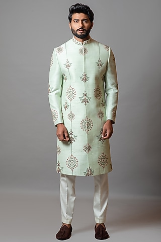Mint Green Embroidered Sherwani Set by PAARSH
