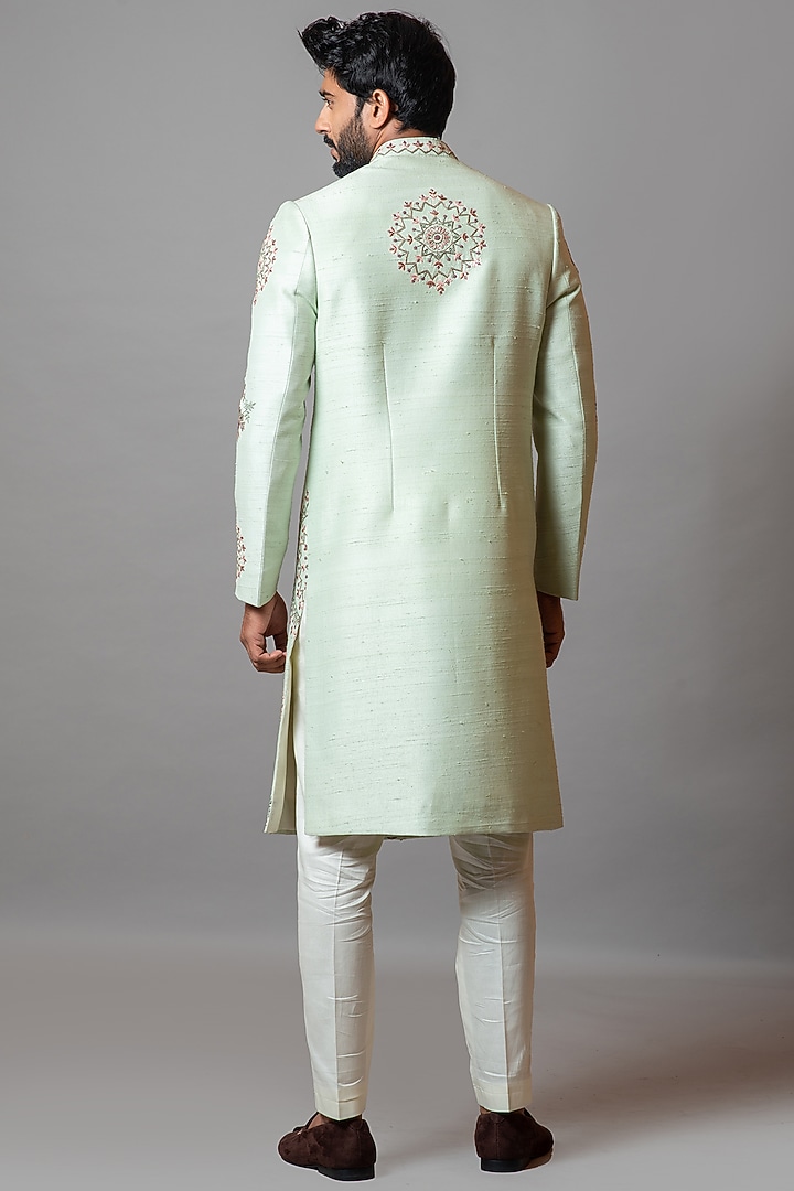 Mint Green Embroidered Wedding Sherwani Set by PAARSH at Pernia's Pop Up Shop