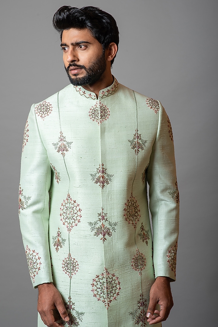 Mint Green Embroidered Wedding Sherwani Set by PAARSH at Pernia's Pop Up Shop