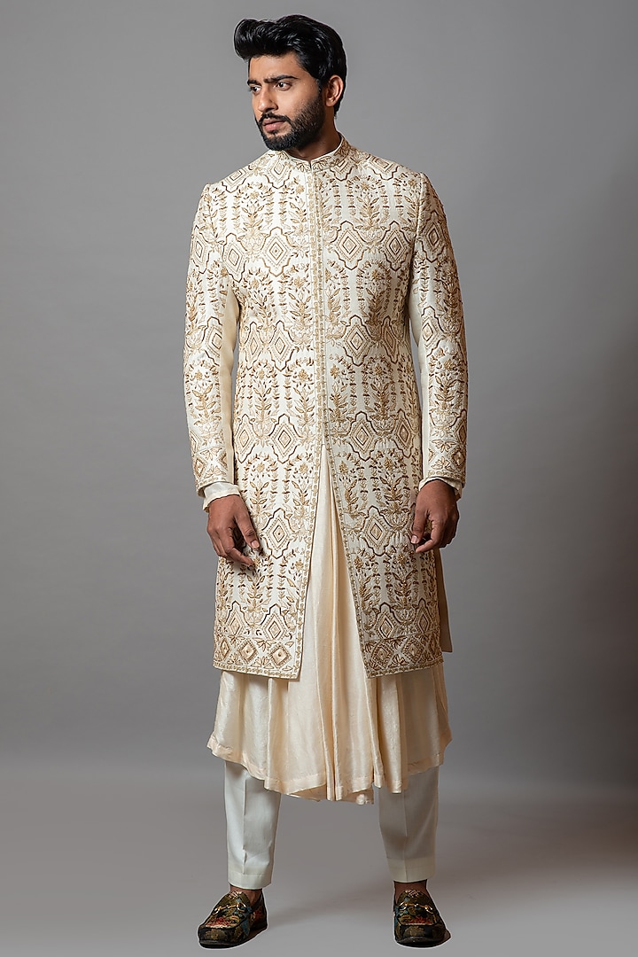 Pearled Ivory Embroidered Sherwani Set by PAARSH