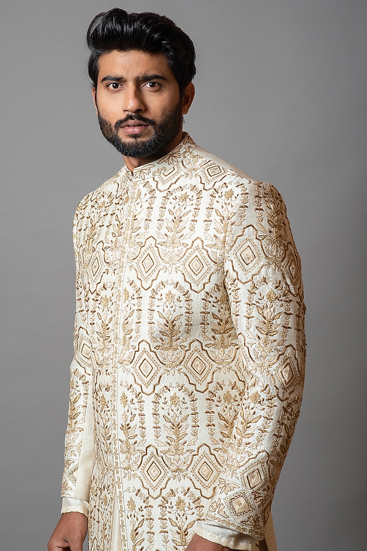 Pearled Ivory Embroidered Groom Sherwani Set by PAARSH at Pernia's Pop Up Shop
