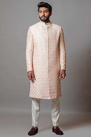 Rose Quartz Embroidered Sherwani Set by PAARSH