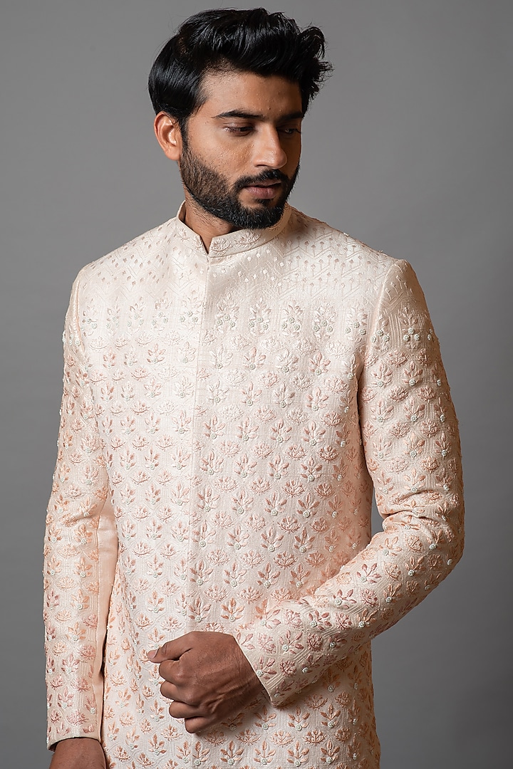 Rose Quartz Embroidered Wedding Sherwani Set by PAARSH at Pernia's Pop Up Shop