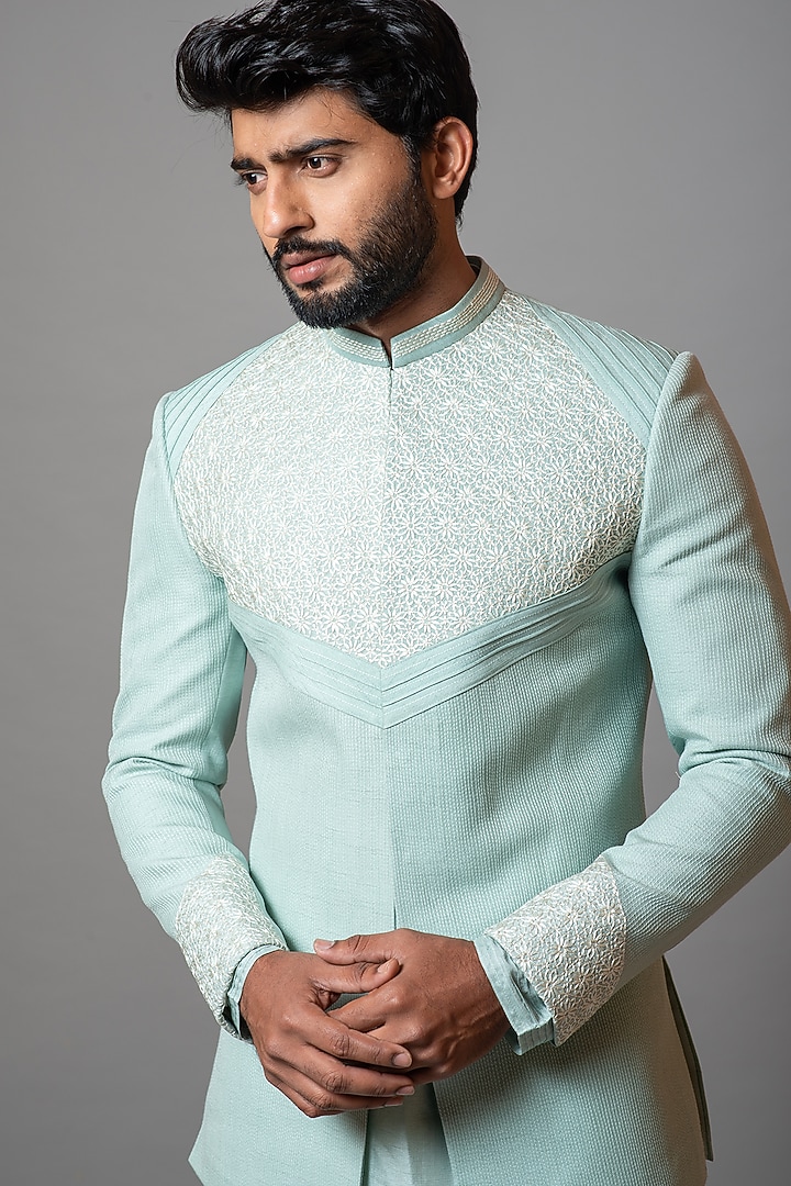 Baltic Blue Embroidered Jacket Set by PAARSH at Pernia's Pop Up Shop