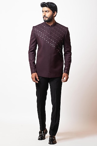 Grape Royale Embroidered Bandhgala Set by PAARSH