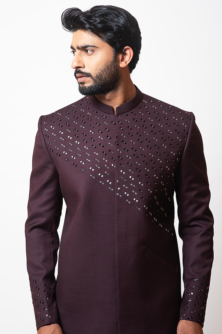 Grape Royale Embroidered Wedding Bandhgala Set by PAARSH at Pernia's Pop Up Shop