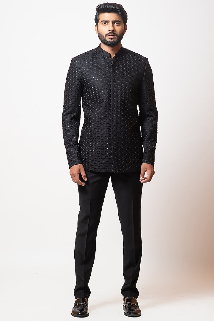 Onyx Black Embroidered Wedding Bandhgala Set by PAARSH at Pernia's Pop Up Shop