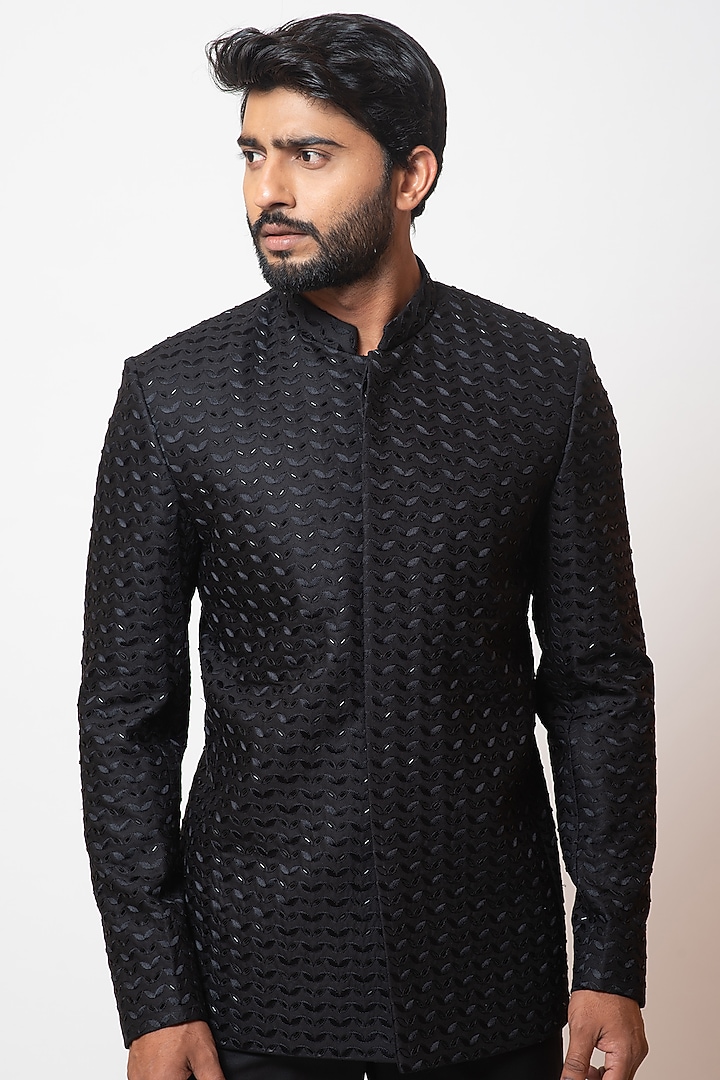 Onyx Black Embroidered Wedding Bandhgala Set by PAARSH at Pernia's Pop Up Shop