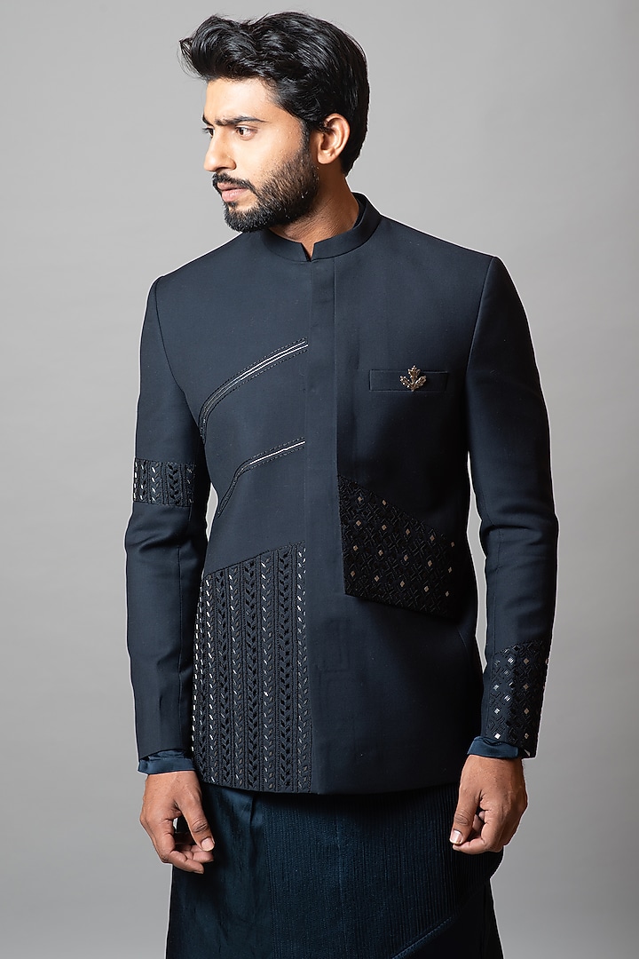 Navy Peony Embroidered Jacket Set by PAARSH at Pernia's Pop Up Shop