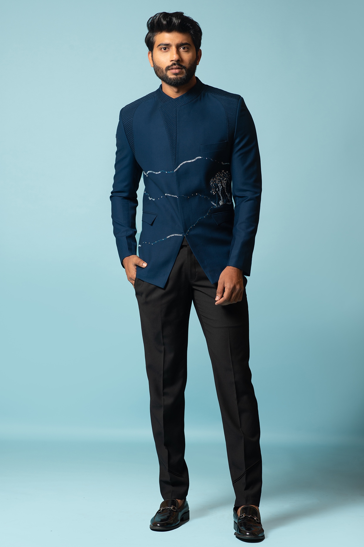Shining Blue Embroidered Jacket Set 