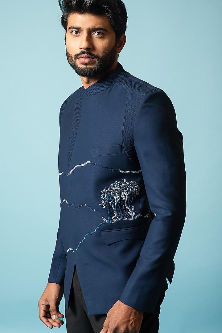 Shining Blue Embroidered Wedding Bandhgala set by PAARSH at Pernia's Pop Up Shop