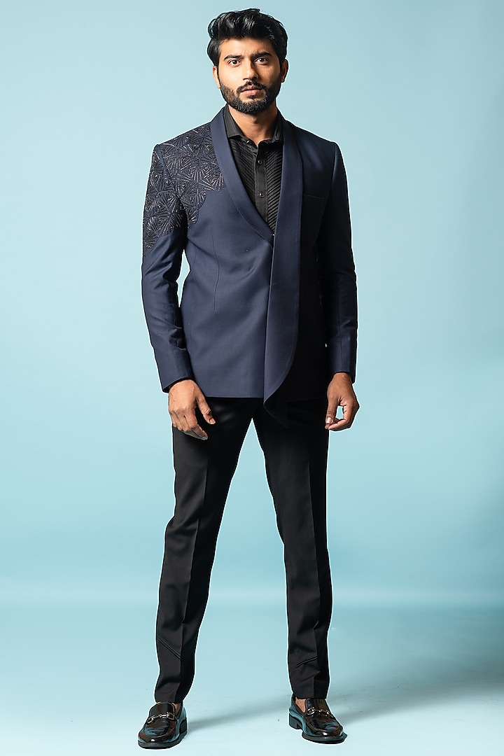 Insignia Blue Embroidered Tuxedo Set by PAARSH