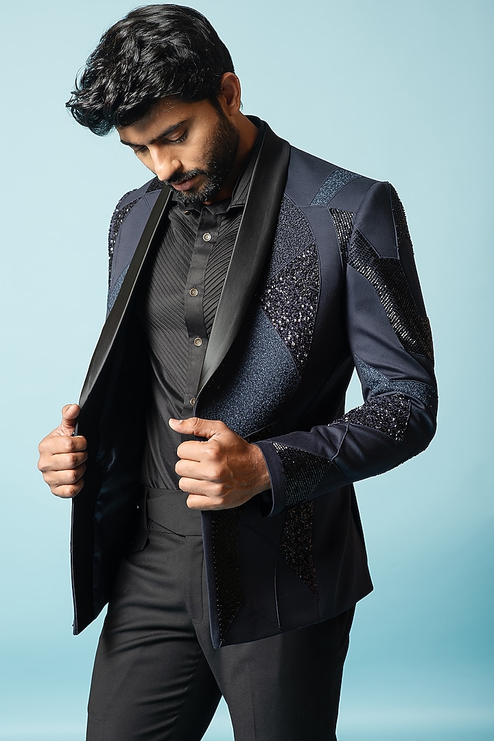 Mazarine Blue Embroidered Tuxedo Set by PAARSH at Pernia's Pop Up Shop