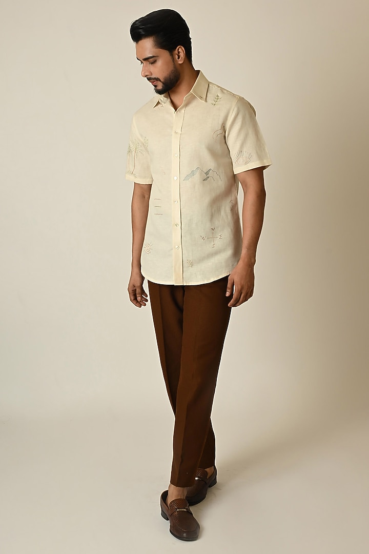 Cream Pure Linen Thread Embroidered Party Wear Shirt by PAARSH at Pernia's Pop Up Shop