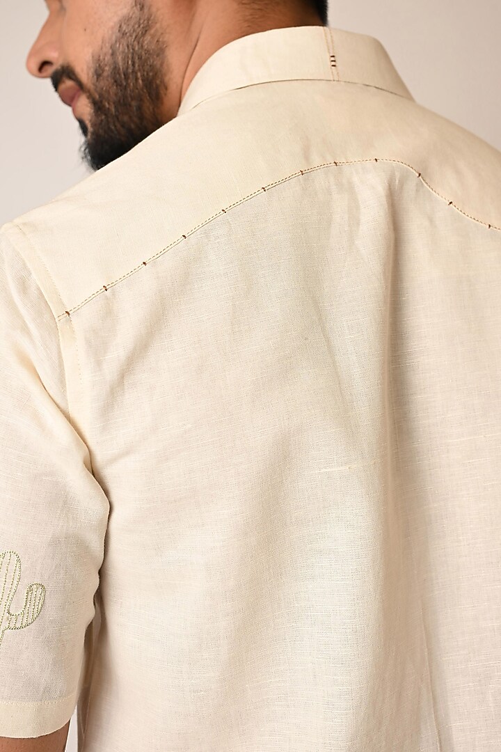 Cream Pure Linen Thread Embroidered Party Wear Shirt by PAARSH at Pernia's Pop Up Shop