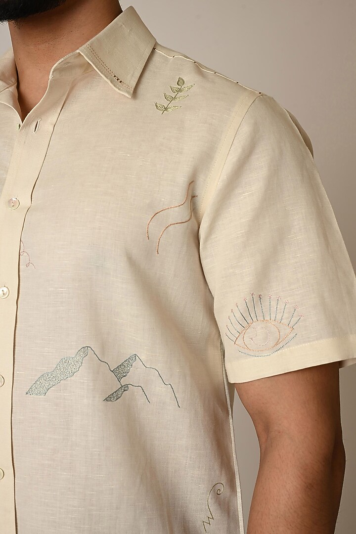 Cream Pure Linen Thread Embroidered Party Wear Shirt by PAARSH at Pernia's Pop Up Shop