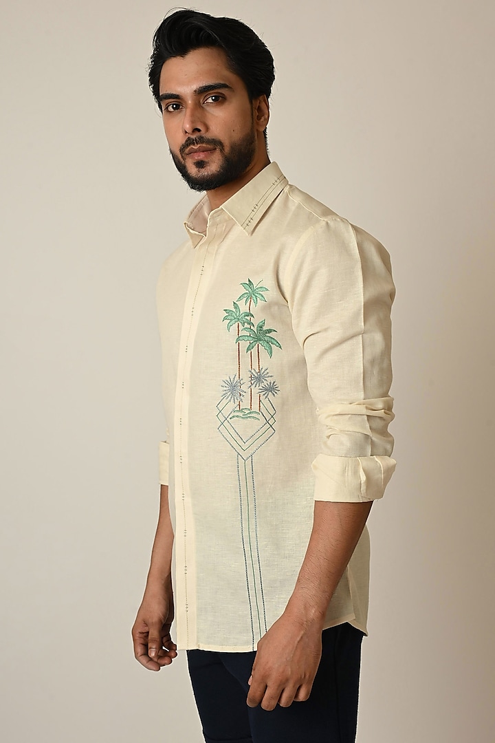 Cream Pure Linen Thread Embroidered Shirt by PAARSH