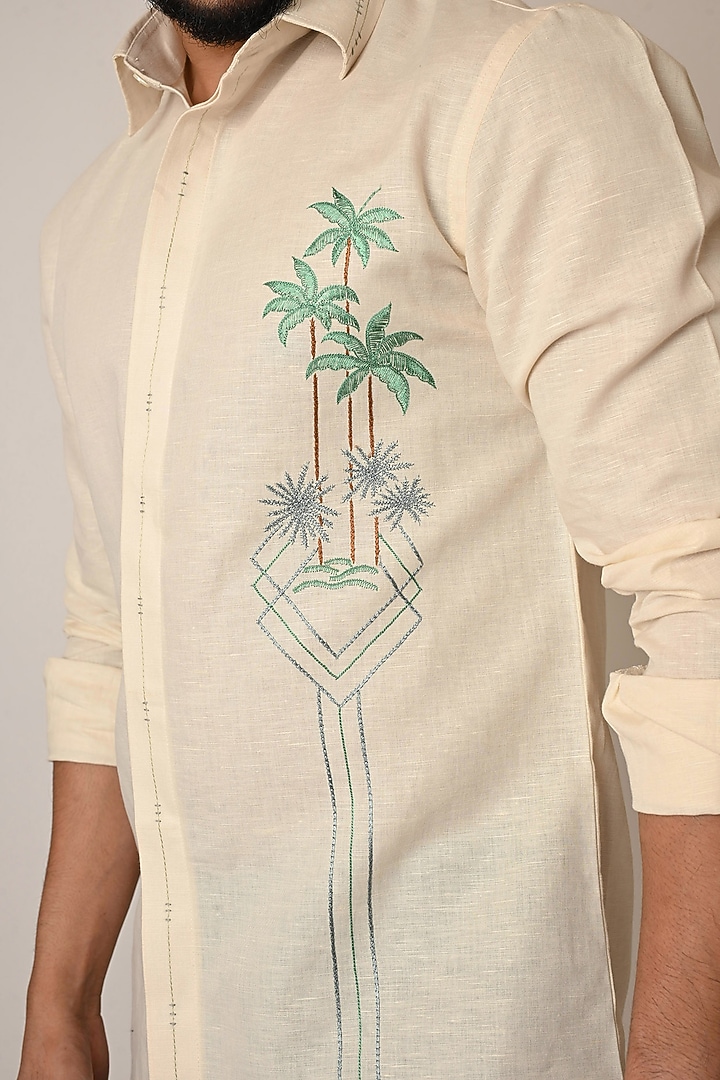 Cream Pure Linen Thread Embroidered Party Wear Shirt by PAARSH at Pernia's Pop Up Shop