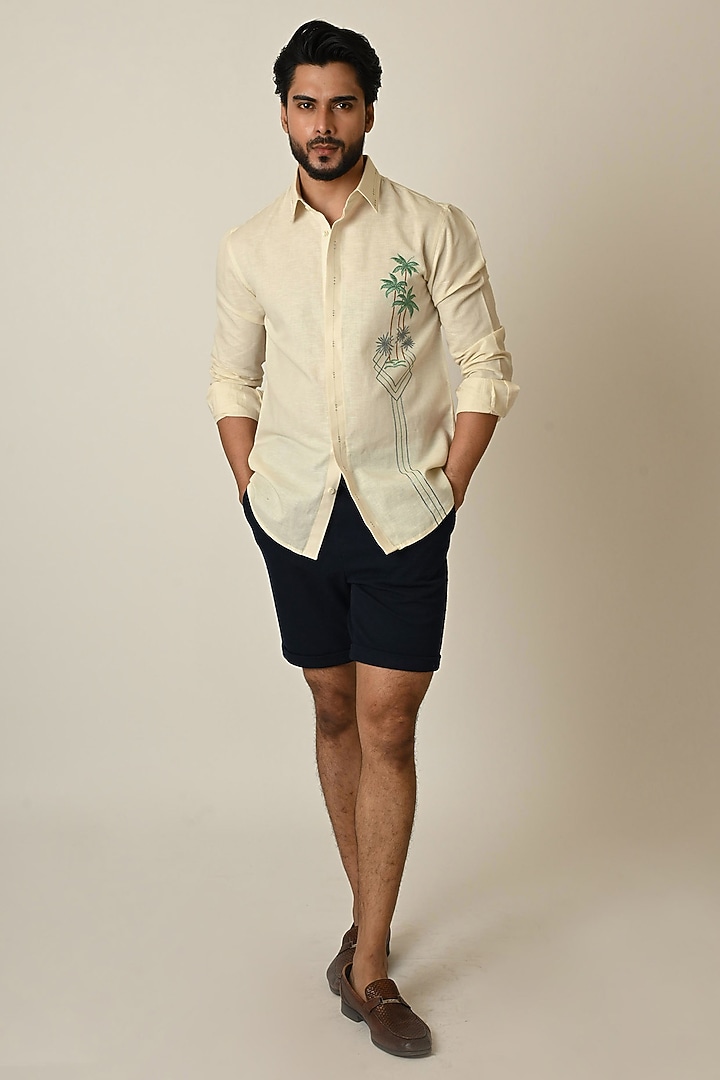 Cream Pure Linen Thread Embroidered Party Wear Shirt by PAARSH at Pernia's Pop Up Shop