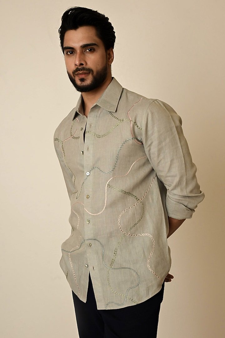 Grey Pure Linen Thread Embroidered Shirt by PAARSH at Pernia's Pop Up Shop