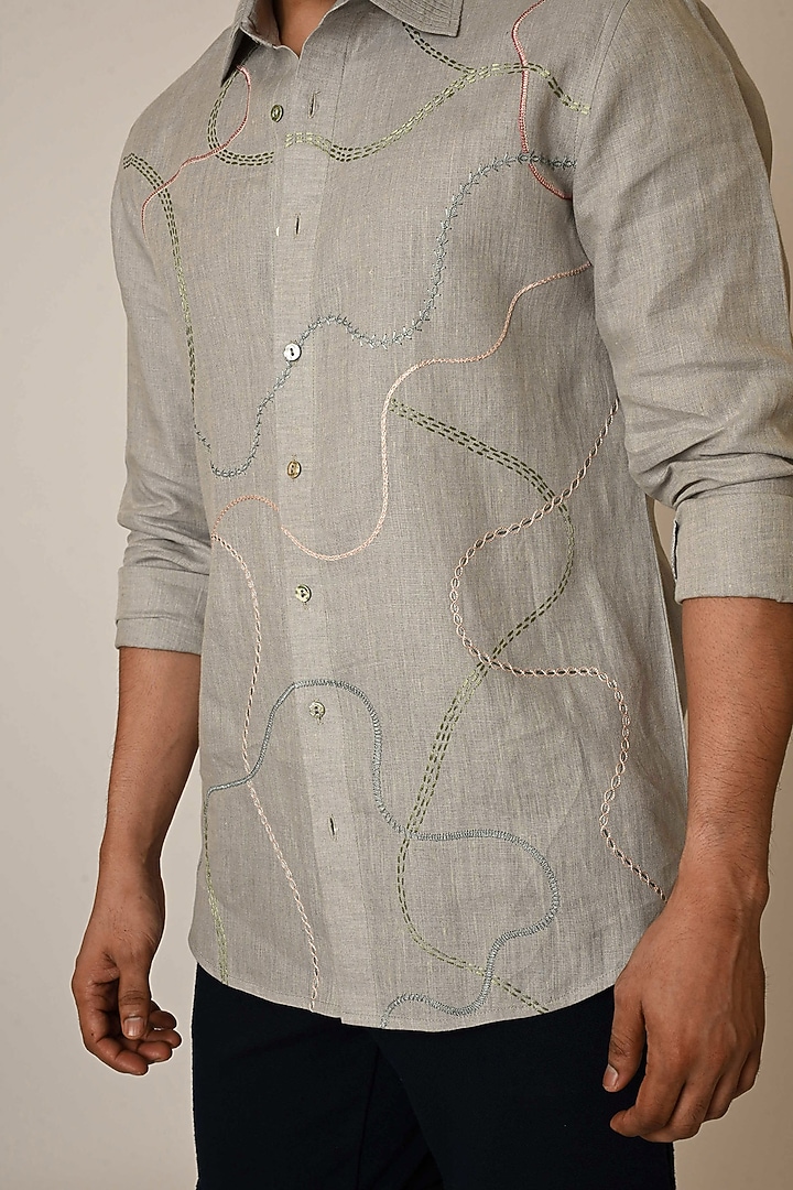 Grey Pure Linen Thread Embroidered Party Wear Shirt by PAARSH at Pernia's Pop Up Shop