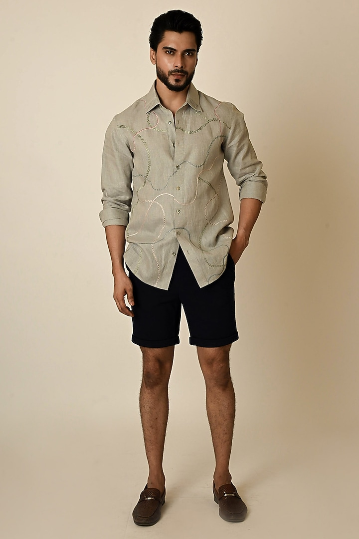 Grey Pure Linen Thread Embroidered Party Wear Shirt by PAARSH at Pernia's Pop Up Shop