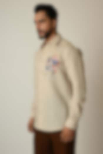 Beige Pure Linen Abstract Embroidered Shirt by PAARSH