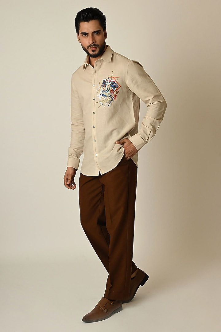 Beige Pure Linen Abstract Embroidered Party Wear Shirt by PAARSH at Pernia's Pop Up Shop