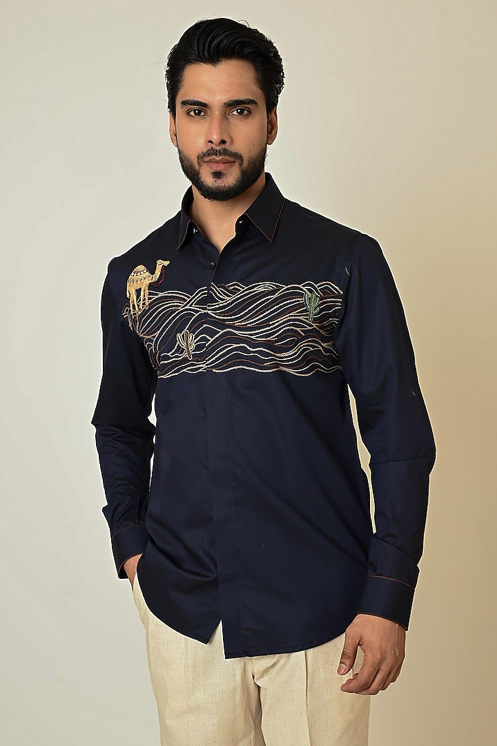 Navy Blue Giza Cotton Thread Embroidered Shirt by PAARSH