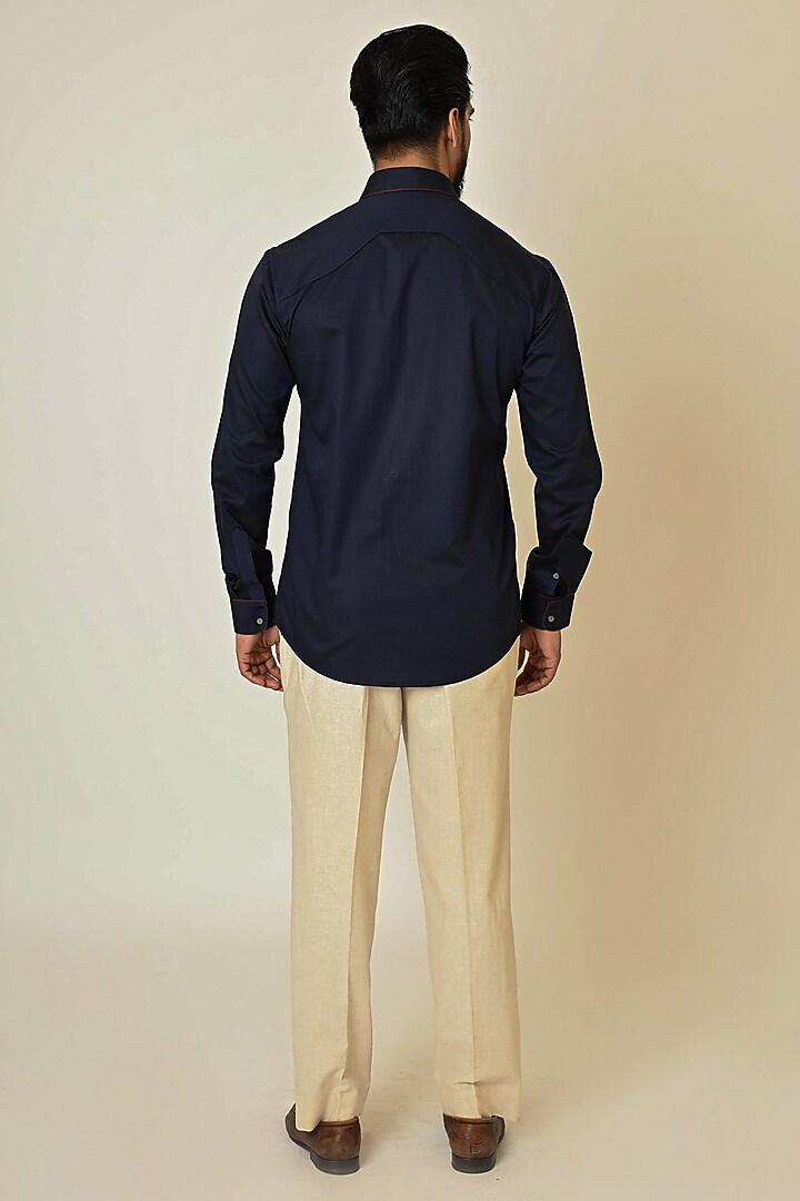Navy Blue Giza Cotton Thread Embroidered Party Wear Shirt by PAARSH at Pernia's Pop Up Shop