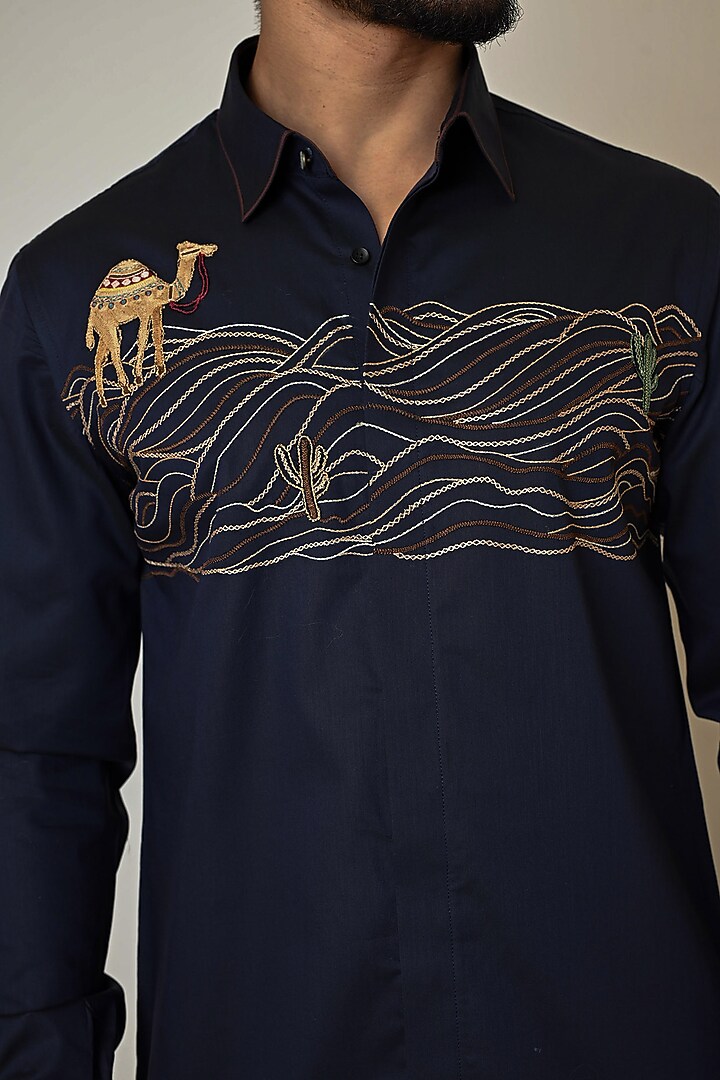 Navy Blue Giza Cotton Thread Embroidered Party Wear Shirt by PAARSH at Pernia's Pop Up Shop