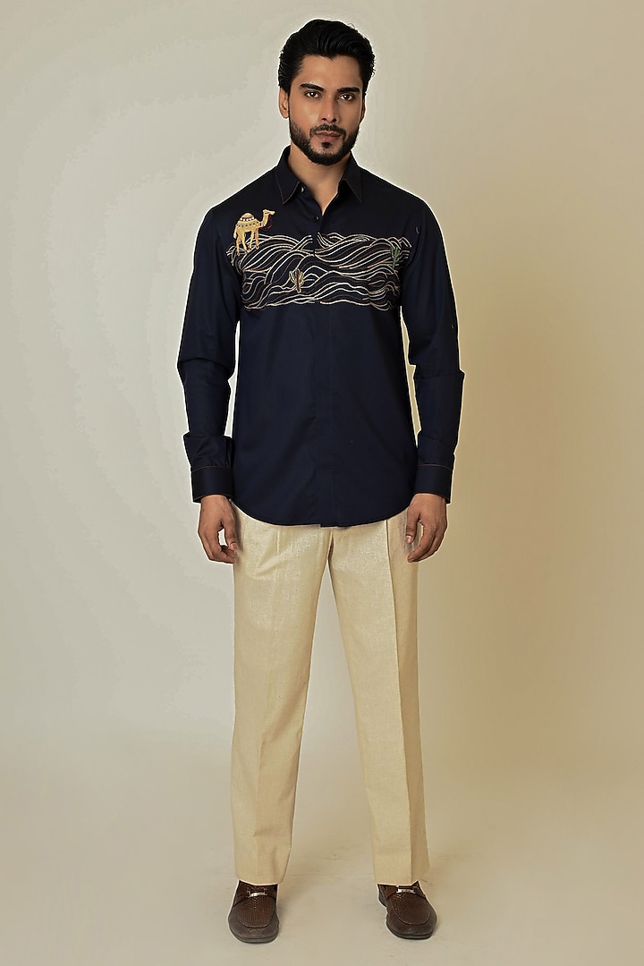 Navy Blue Giza Cotton Thread Embroidered Party Wear Shirt by PAARSH at Pernia's Pop Up Shop