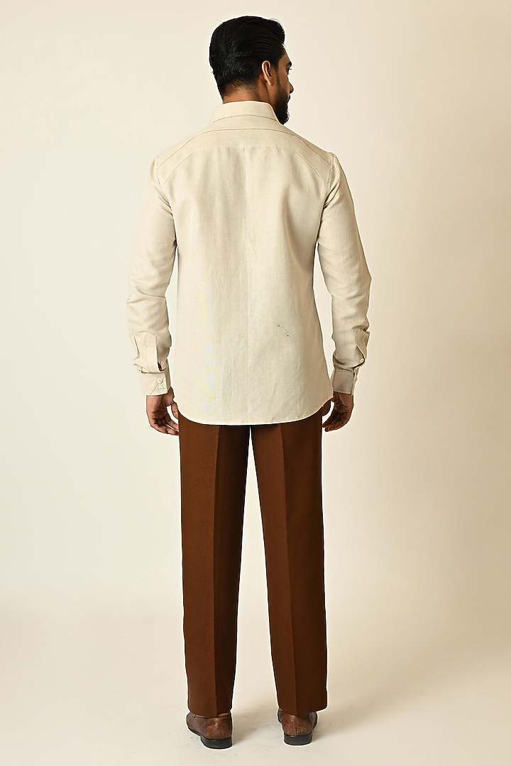 Dusty Beige Pure Linen Thread Embroidered Party Wear Shirt by PAARSH at Pernia's Pop Up Shop