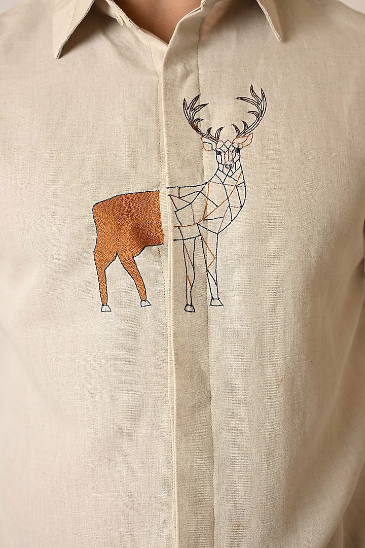 Dusty Beige Pure Linen Thread Embroidered Party Wear Shirt by PAARSH at Pernia's Pop Up Shop