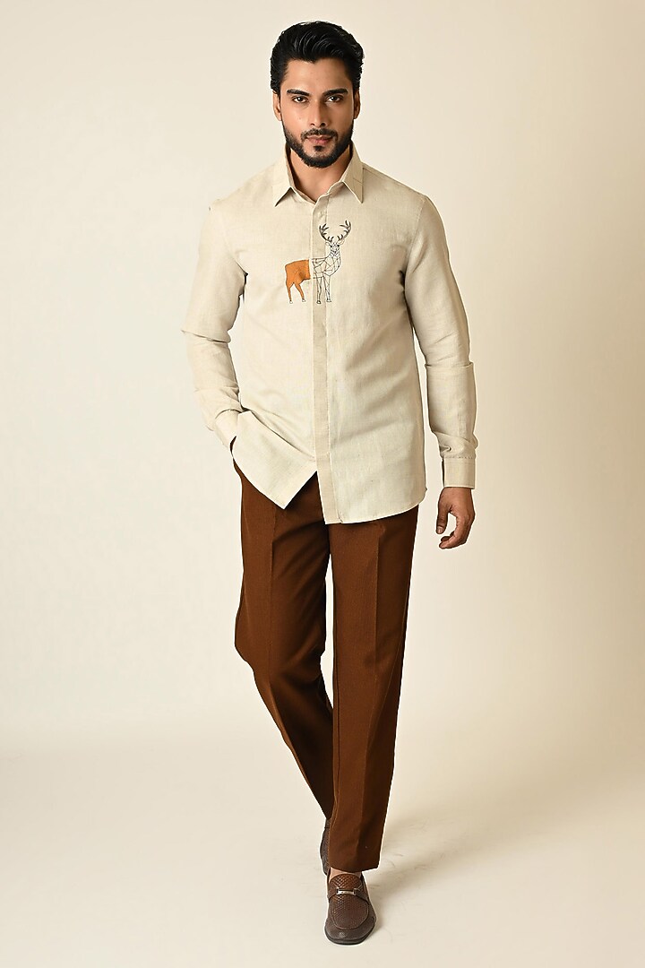 Dusty Beige Pure Linen Thread Embroidered Party Wear Shirt by PAARSH at Pernia's Pop Up Shop
